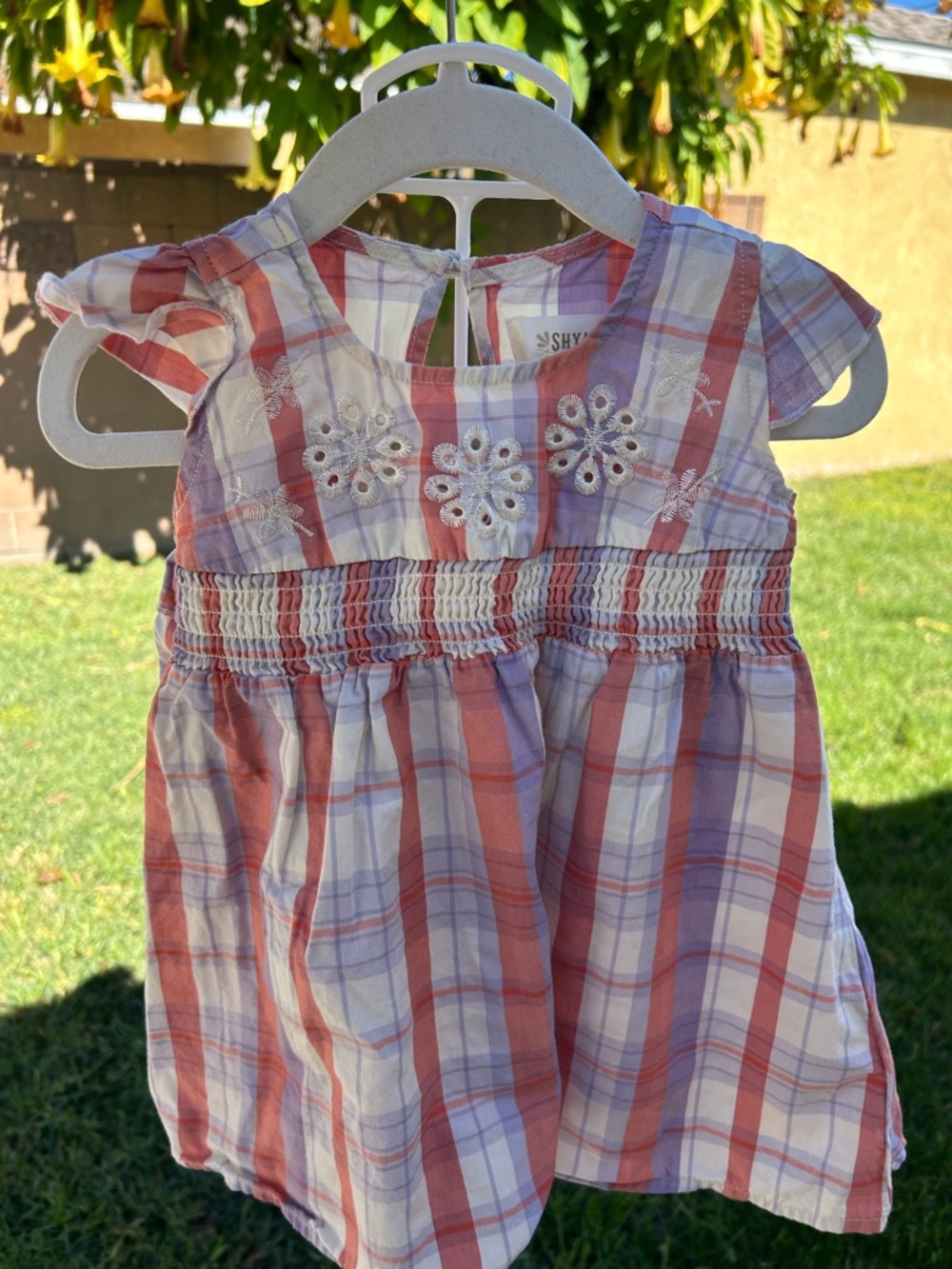 Shyanne Coral Pink & White Plaid Smocked Baby Dress